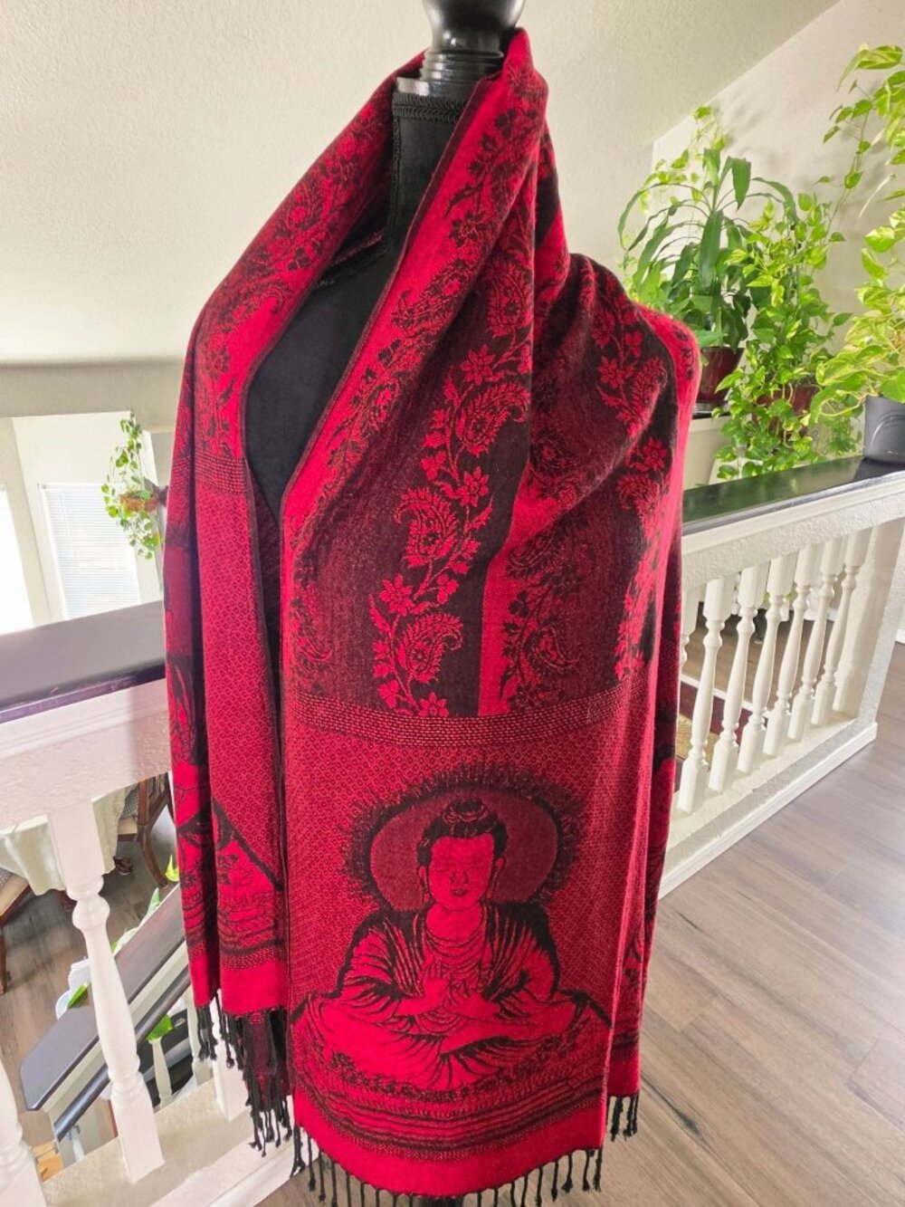 Buddha Pattern Red & Black Rayon Shawl Scarf Wrap With Fringe - 70" x 26" - Picture 3 of 12